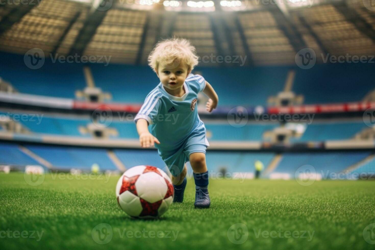 Dribbling small boy plays football in stadium. Generative AI photo