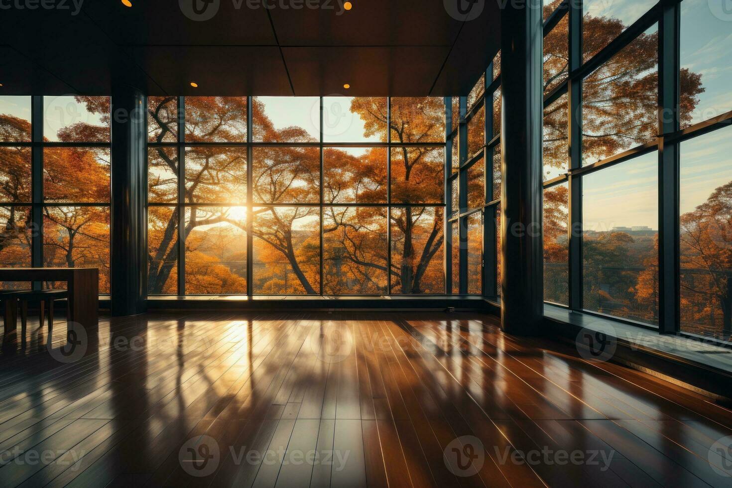 Living room inside a forest apartment, big glass windows photo