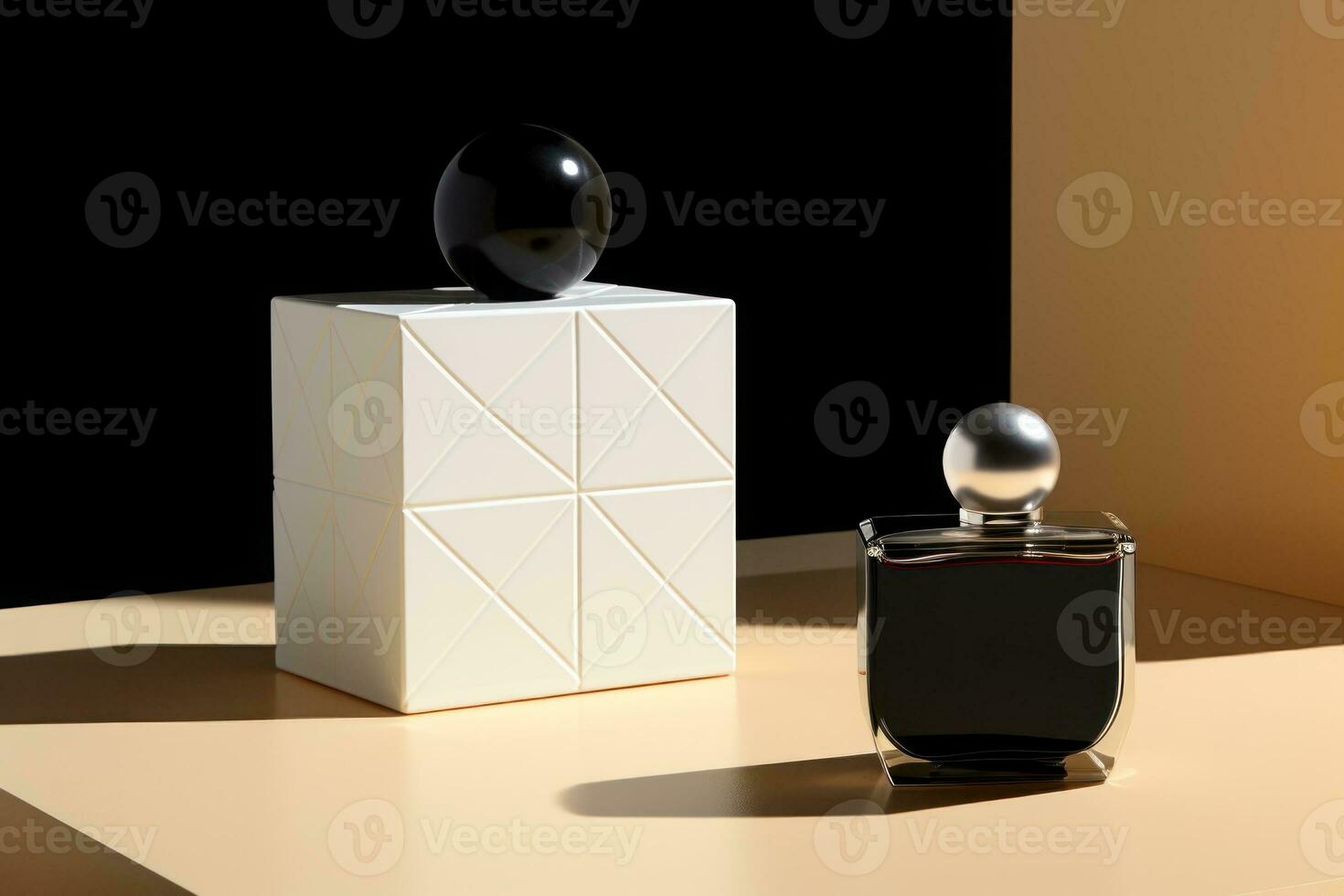 Perfume bottle minimalist plane geometric composition focus on bottle. Generative AI photo