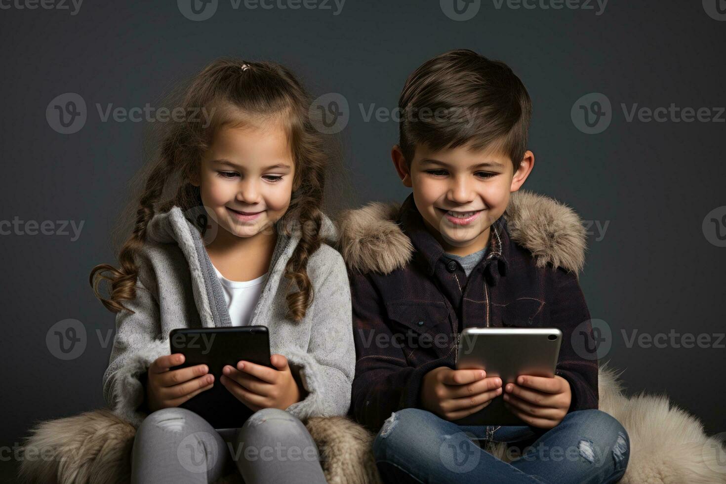Group of young children holding tablet and hiding faces, gen Alpha. Generative AI photo