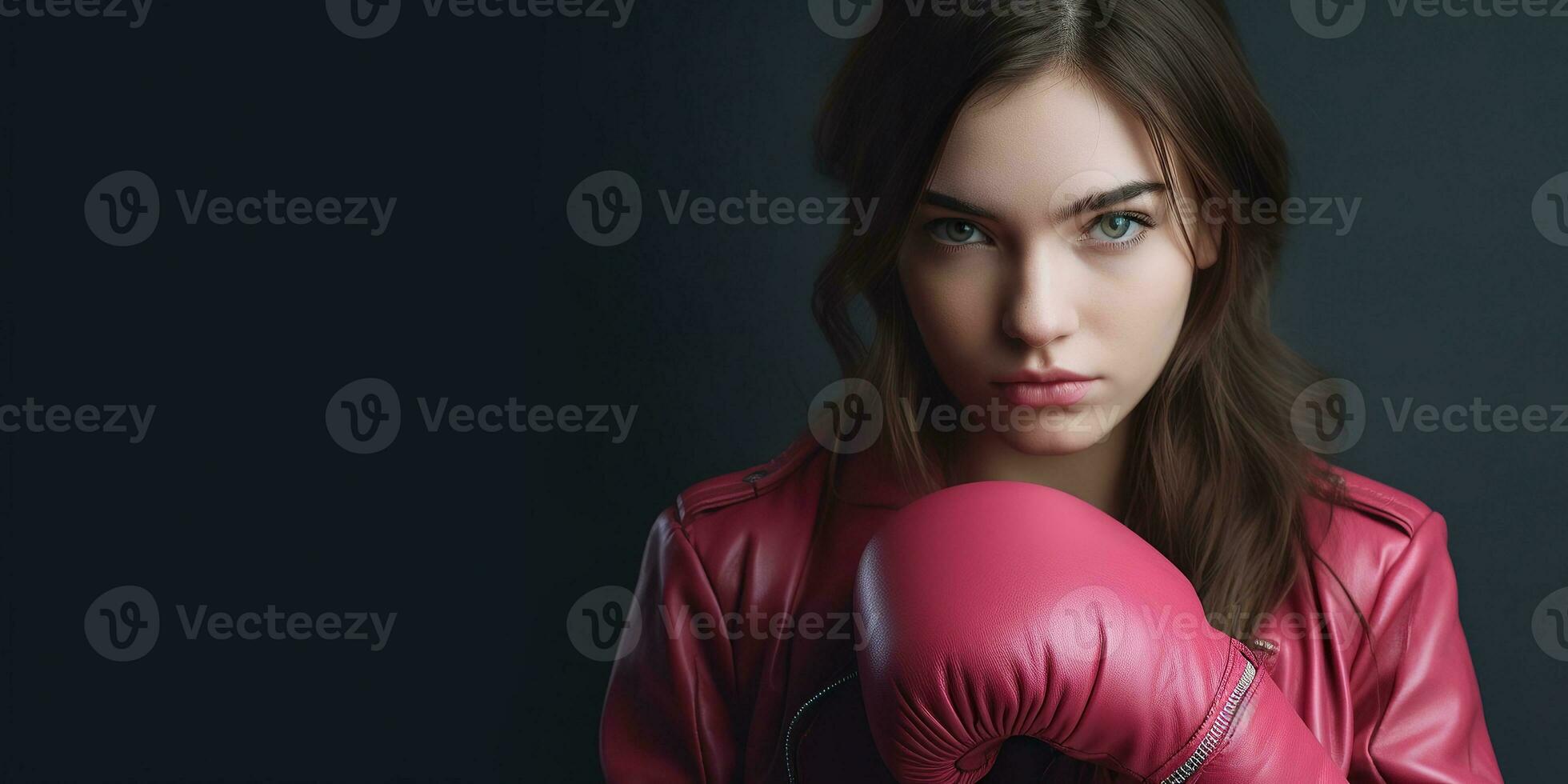 Fragile weak looking young woman with pink boxing gloves. Wide banner copy space. Generative AI photo