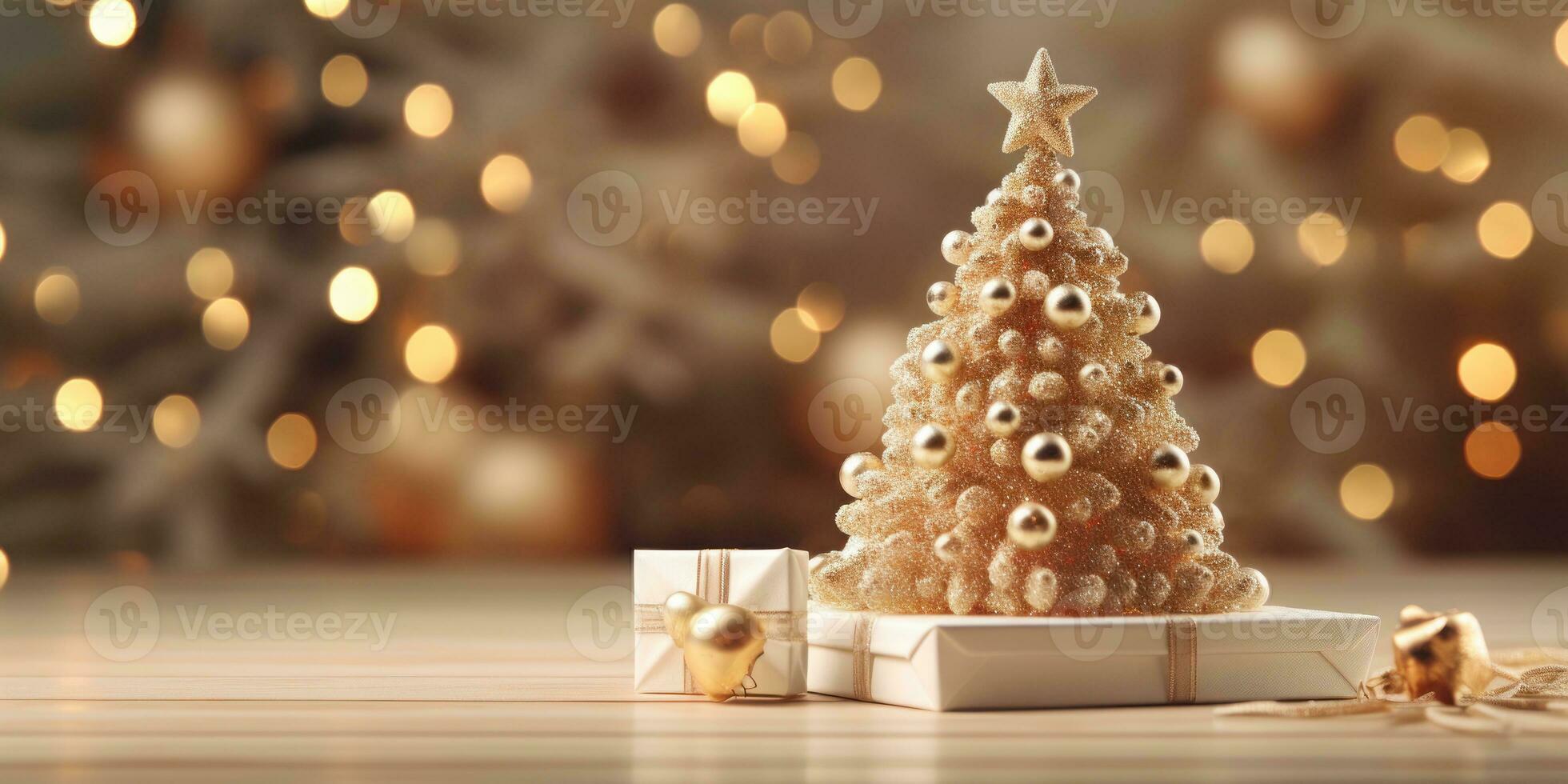 Gift box with mini Christmas tree close up, empty space. Generative AI photo