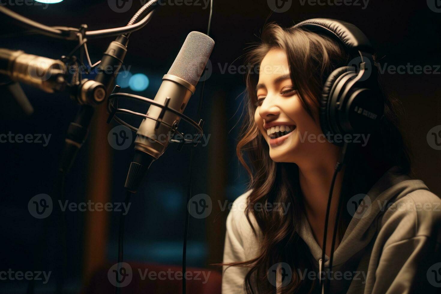 Beautiful woman recording a song in record studio, singing, expressing her talent as a singer with headphones on. Generative AI photo