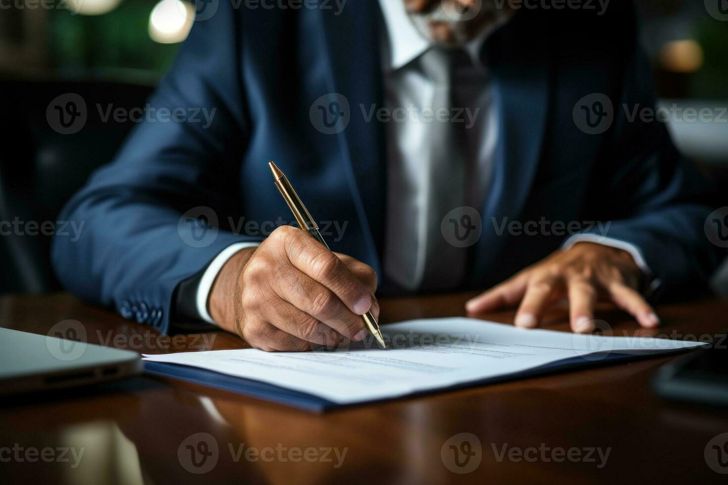 Signing mortgage contract document and demonstrating. futuristic business copy space. Generative AI photo