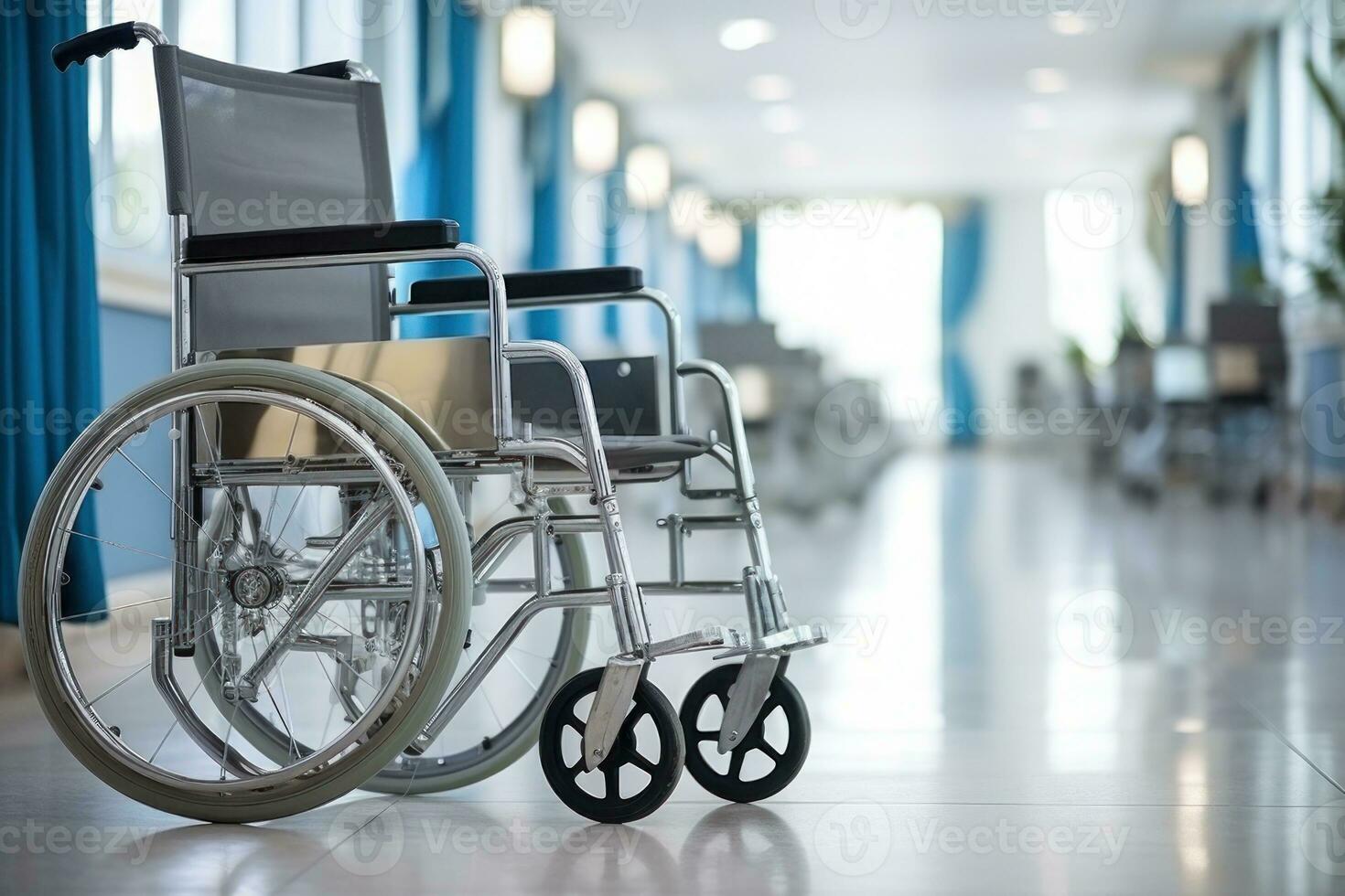 Wheelchairs waiting for patient services. with light copy space on left area. Generative AI photo