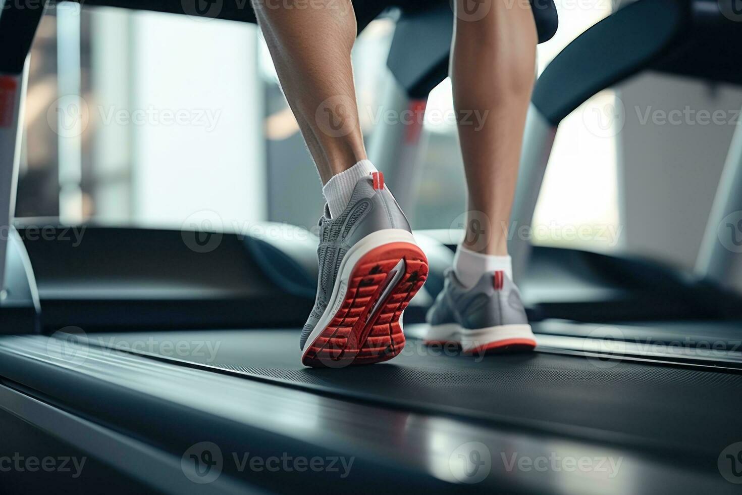 Close up of the activity of a leg running on a treadmill. Generative AI photo