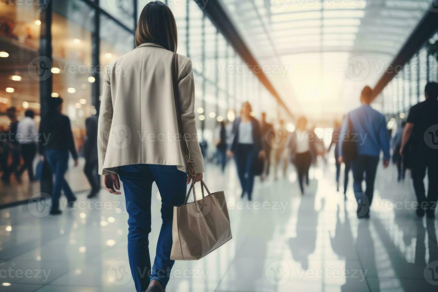 Blurred background of a modern shopping mall with some shoppers. Generative AI photo