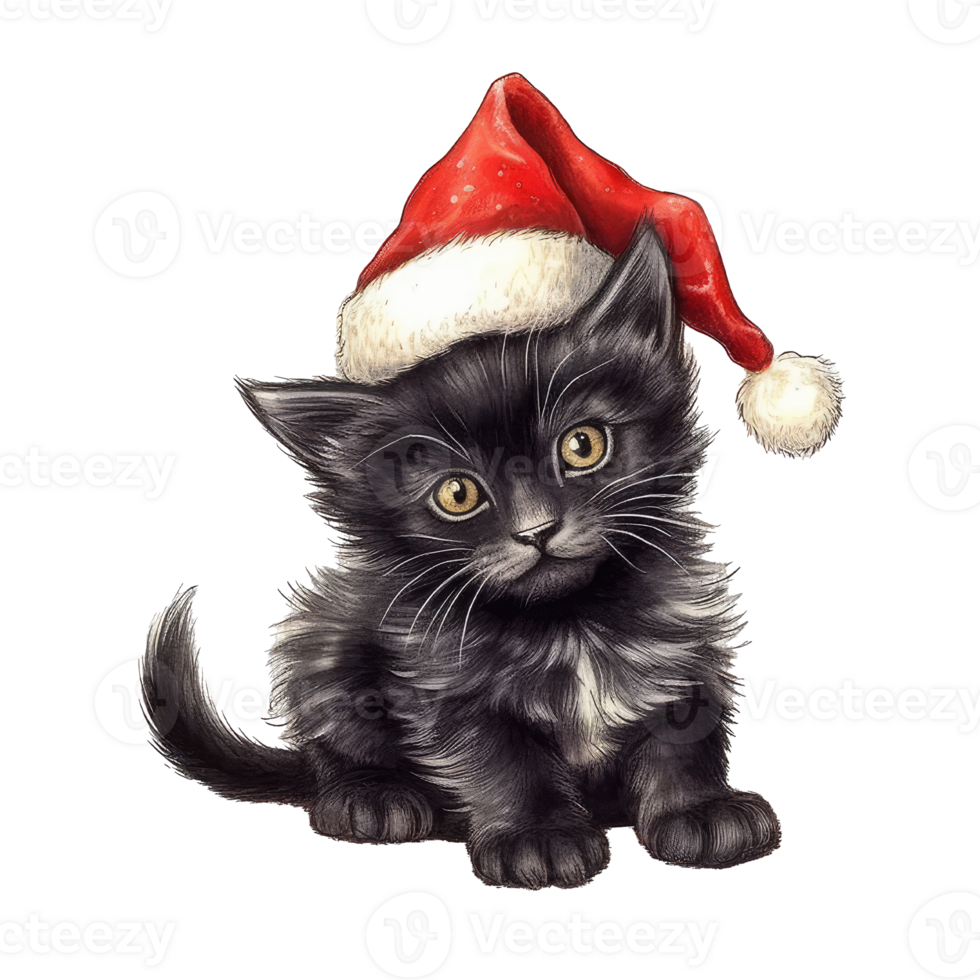 watercolor cute kitten cat face with smiling expressions, wearing a santa hat . AI Generated png