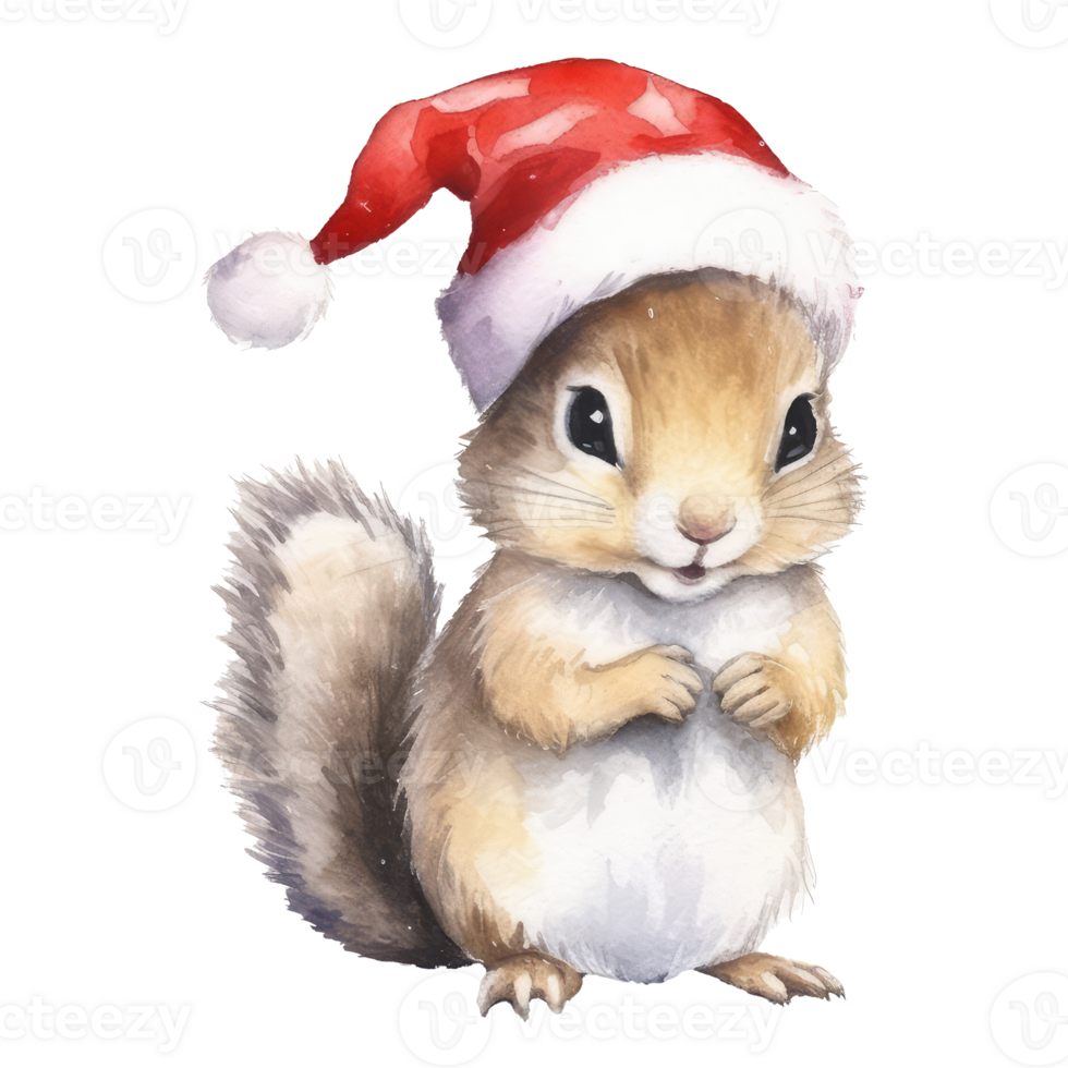 watercolor cute baby Squirrel wearing Santa Claus hat . AI Generated png