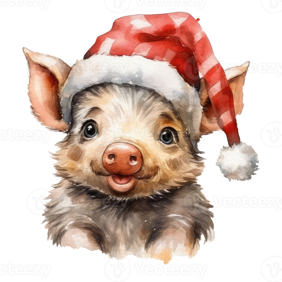 Happy cute piglet wearing a Santa hat . AI Generated png