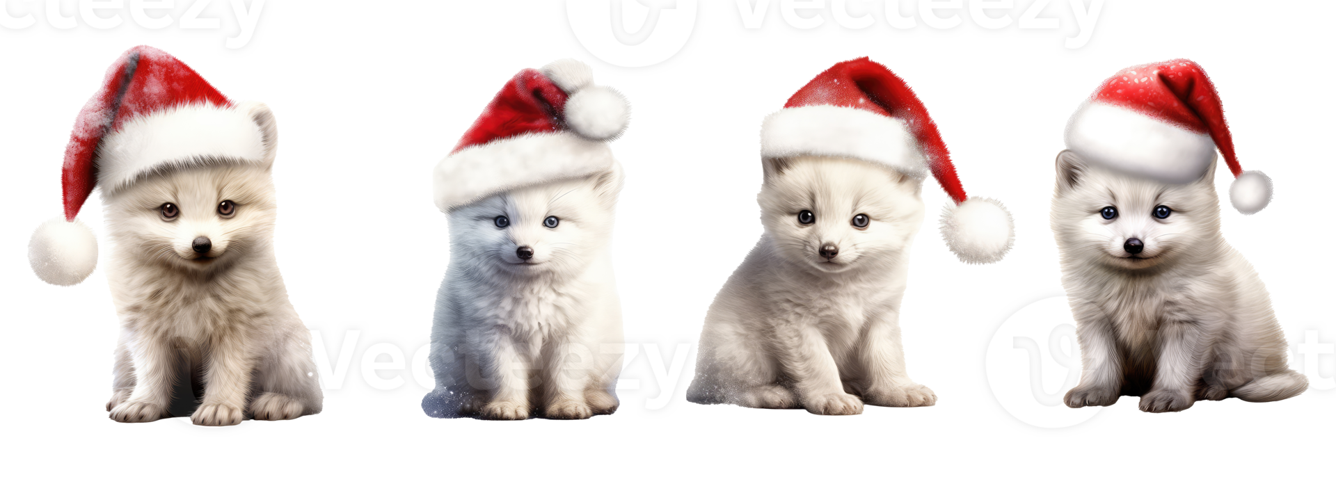 fluffy baby arctic fox sitting wearing red christmas hat . AI Generated png