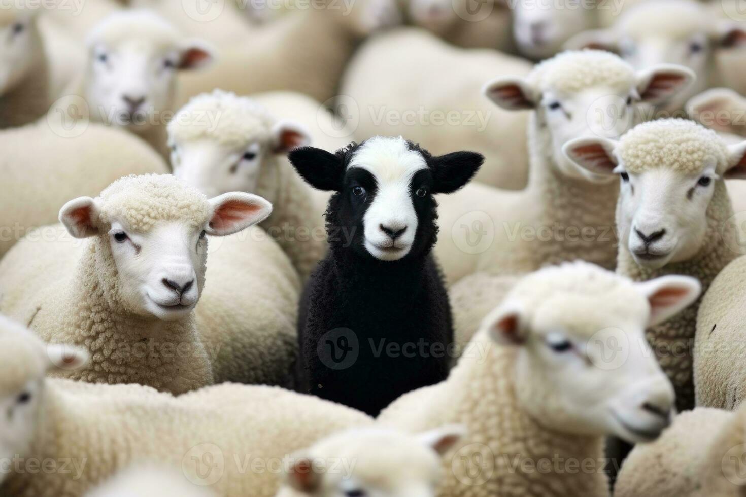 One black sheep in a flock of white sheep. Generative AI photo