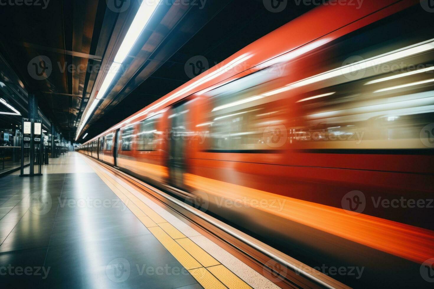 Fast express passenger train, futuristic conceptual technology on high speed railway. Generative AI photo