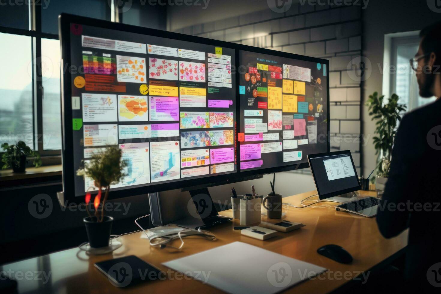 People sharing ideas concept with paper note writing strategy in office. Generative AI photo