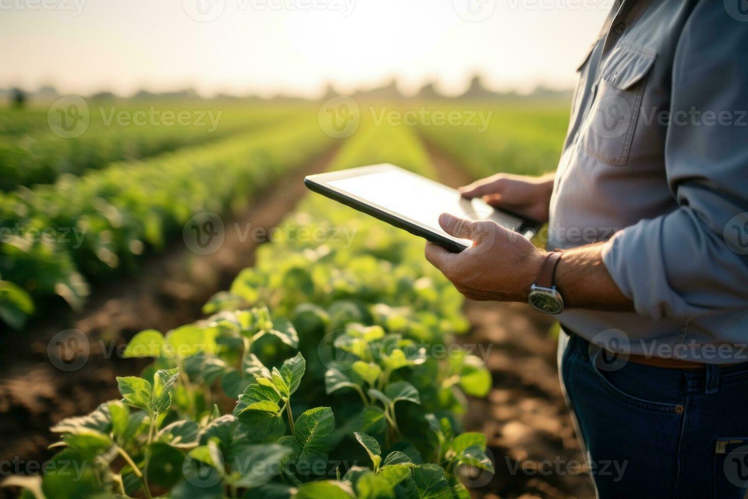 Close-up portrait agronomist examining crop health using a tablet in a sunlit field. Generative AI photo
