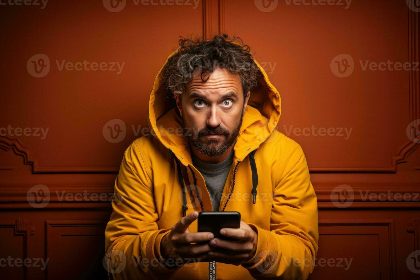 A frustrated individual staring at their phone with, exaggeration in grimace. Generative AI photo