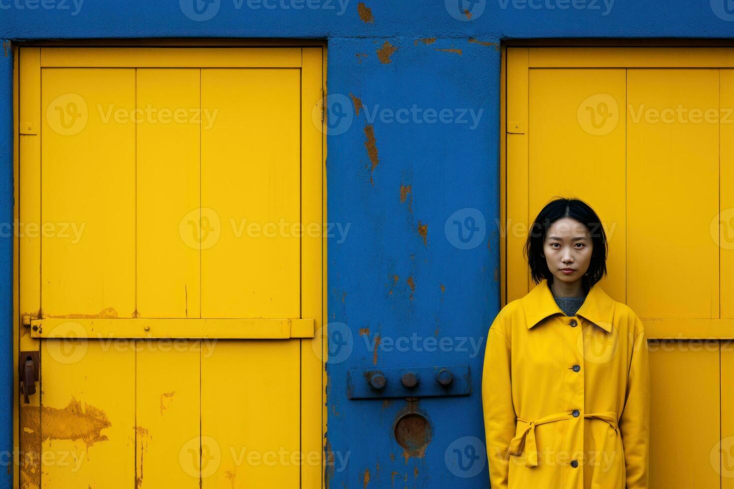 Asian women Minimalist Blue and Yellow Generative AI photo