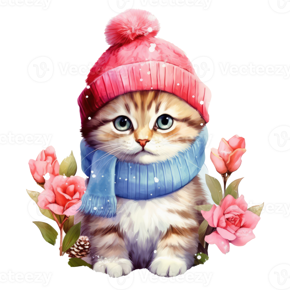 watercolor cute kitten cat face with smiling expressions, wearing a santa hat . AI Generated png