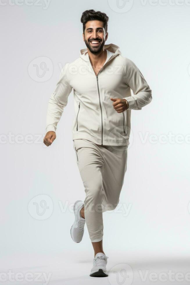 Male jogging Happy and energetic generation in white background. Generative AI photo