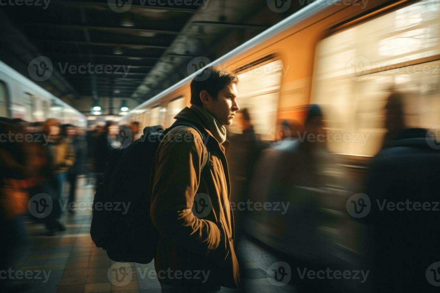 Man stand waiting train in subway fast moving. Generative AI photo