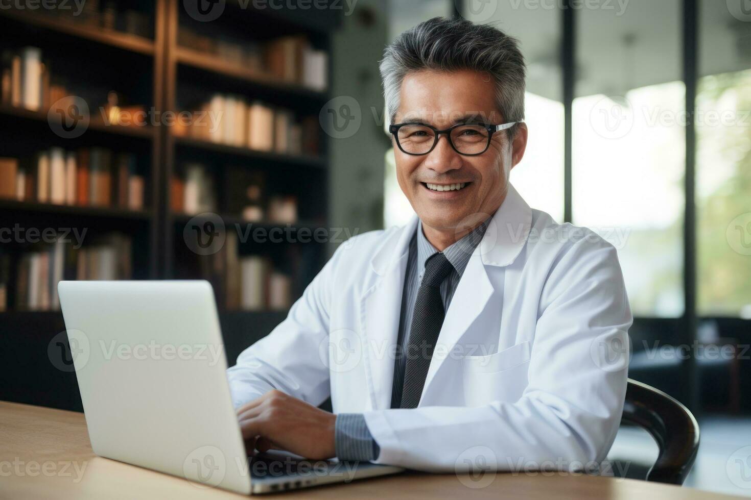 A middle age doctor writing on his laptop, looking at his laptop,background blur. Generative AI photo