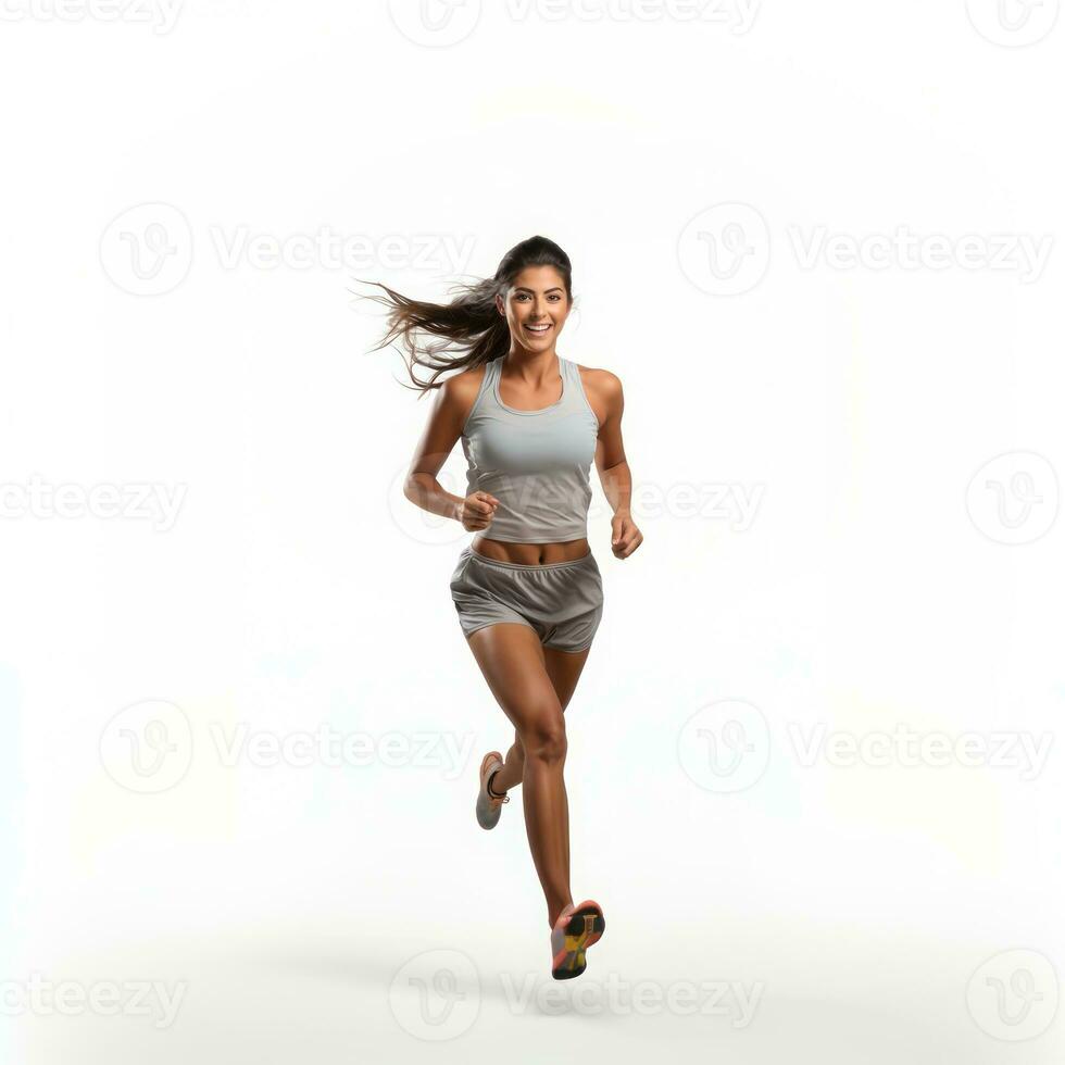 Female with a ponytail hair. Jogging Happy and energetic. white background .Generative AI photo