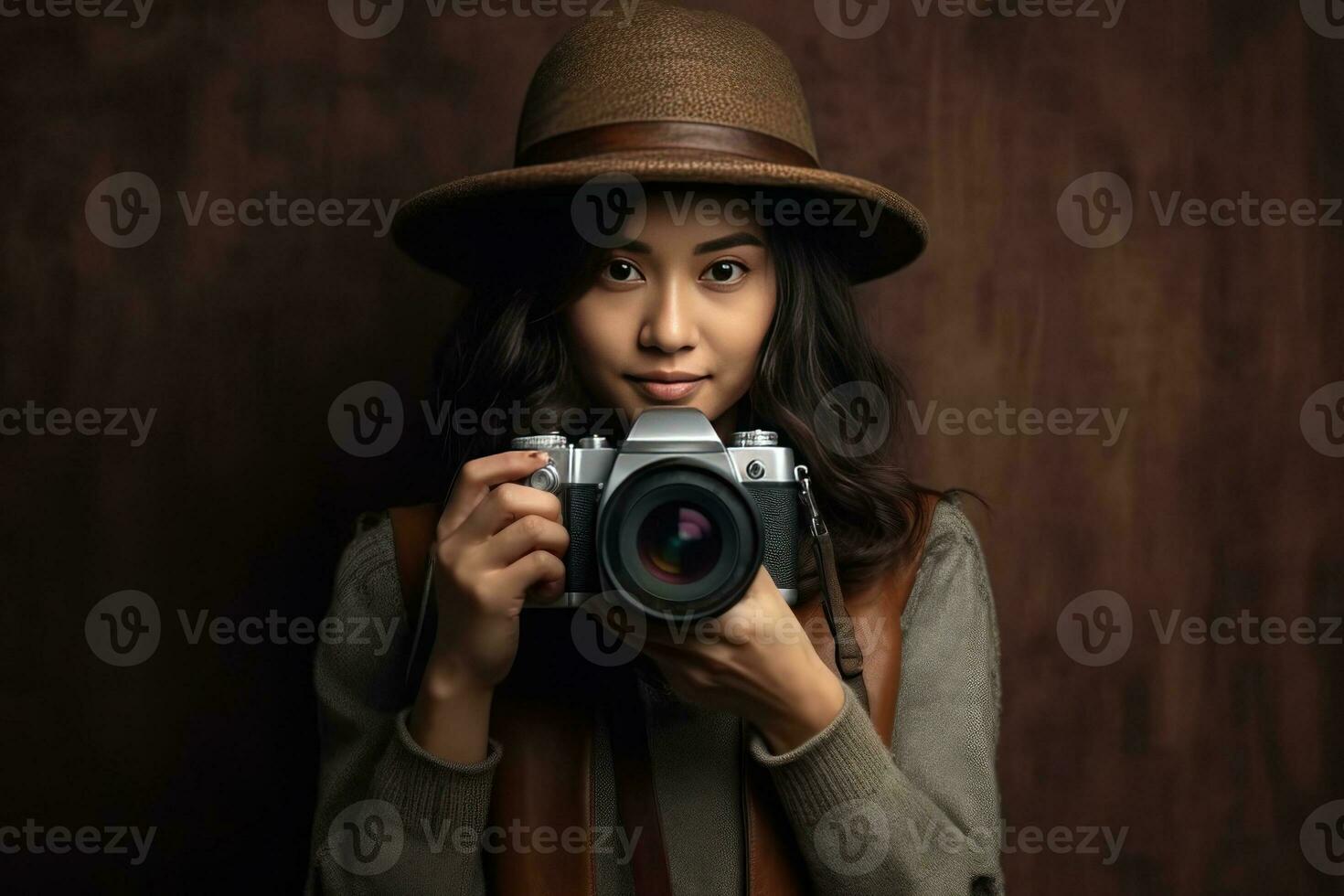 retrato un mujer en un sombrero participación un cámara. generativo ai foto