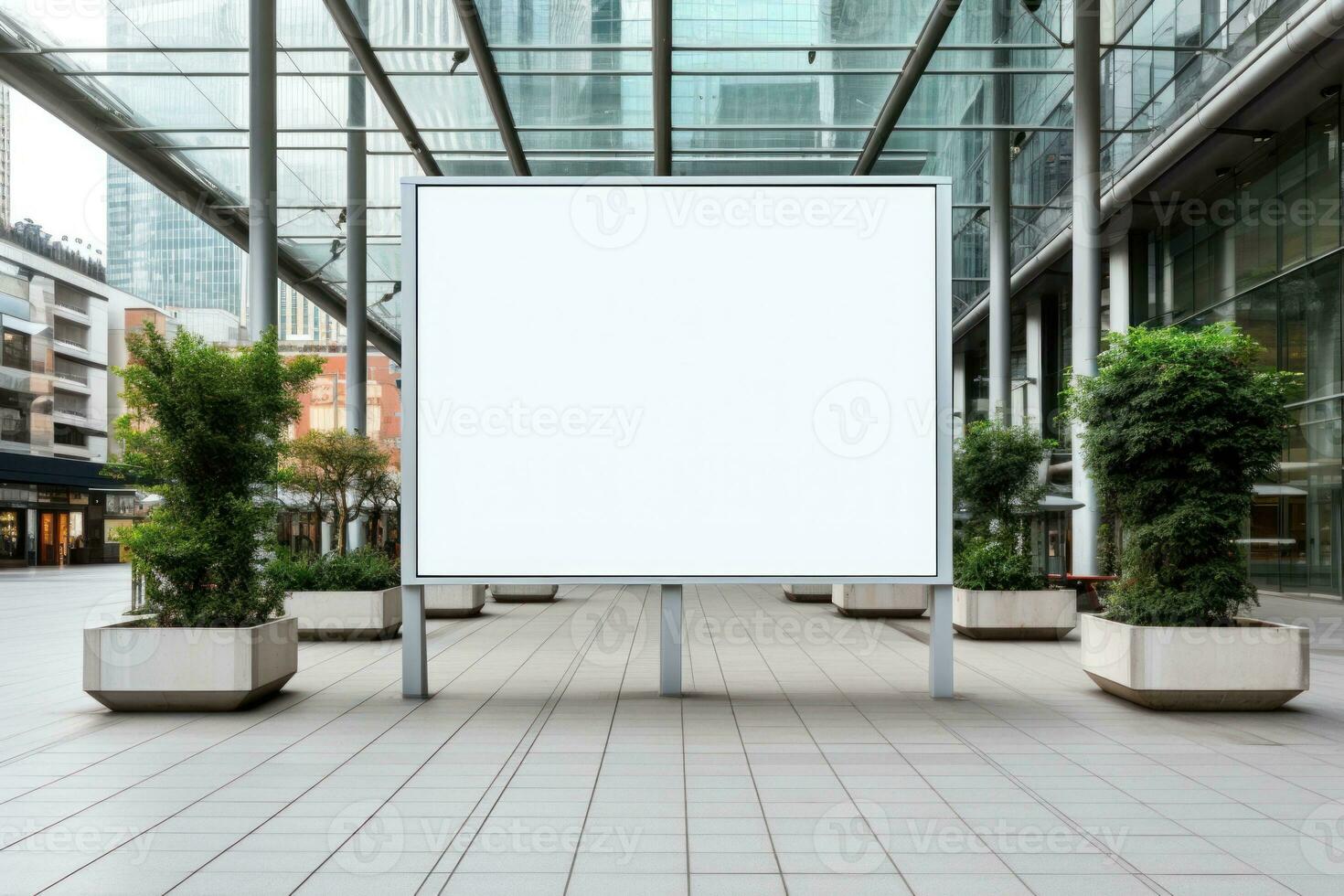 Public shopping center mall advertisement board space as empty blank white mockup. Generative AI photo