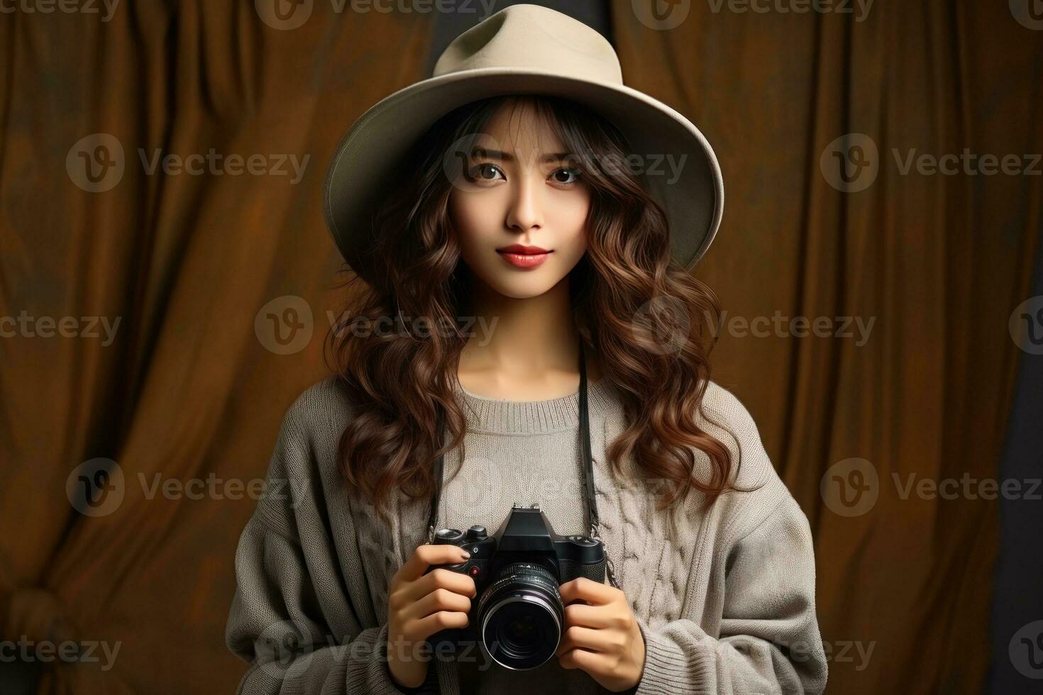 Portrait a woman in a hat holding a camera. Generative AI photo
