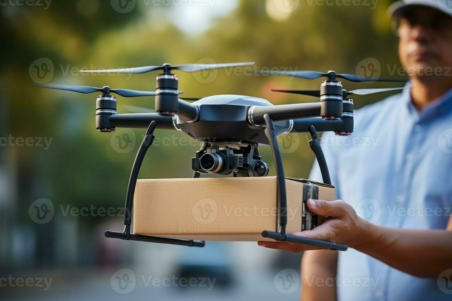 The drone is hoisting a package and shuttles through urban neighborhoods for delivery. Generative AI photo