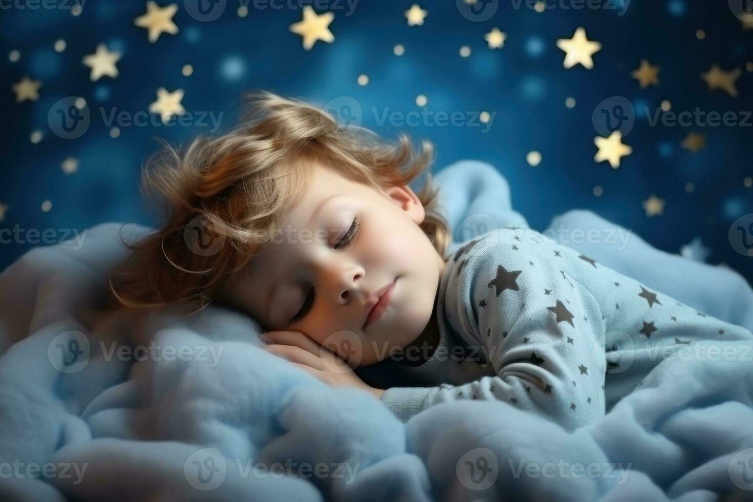 A small child is sleeping in soft clouds, surrounded by space, starry sky and peace. Generative AI photo