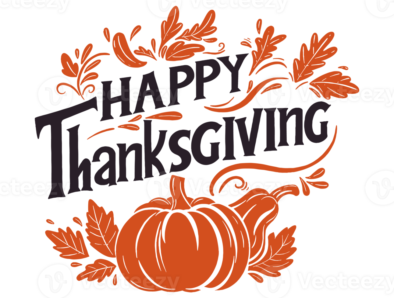 Happy Thanksgiving text hand drawn style  with  leaves and pumpkin decoration on png or transparent