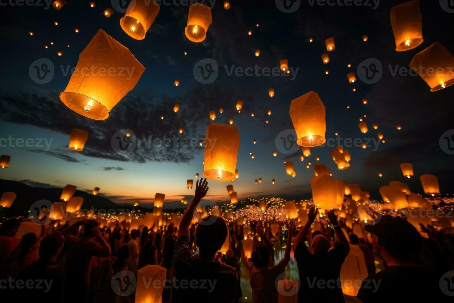 People holding floating lanterns during Yee Peng Festival. Generative AI photo