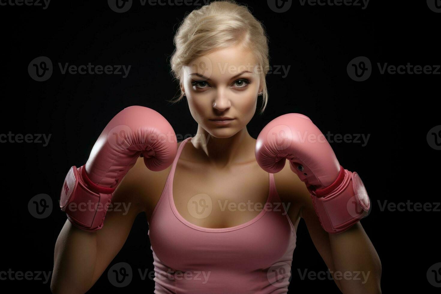 mujer luchando pecho cáncer con rosado boxeo guante. generativo ai foto