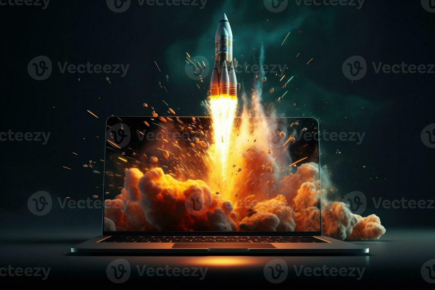AI Generated Launching Space Rocket From Laptop Screen. Generative AI photo
