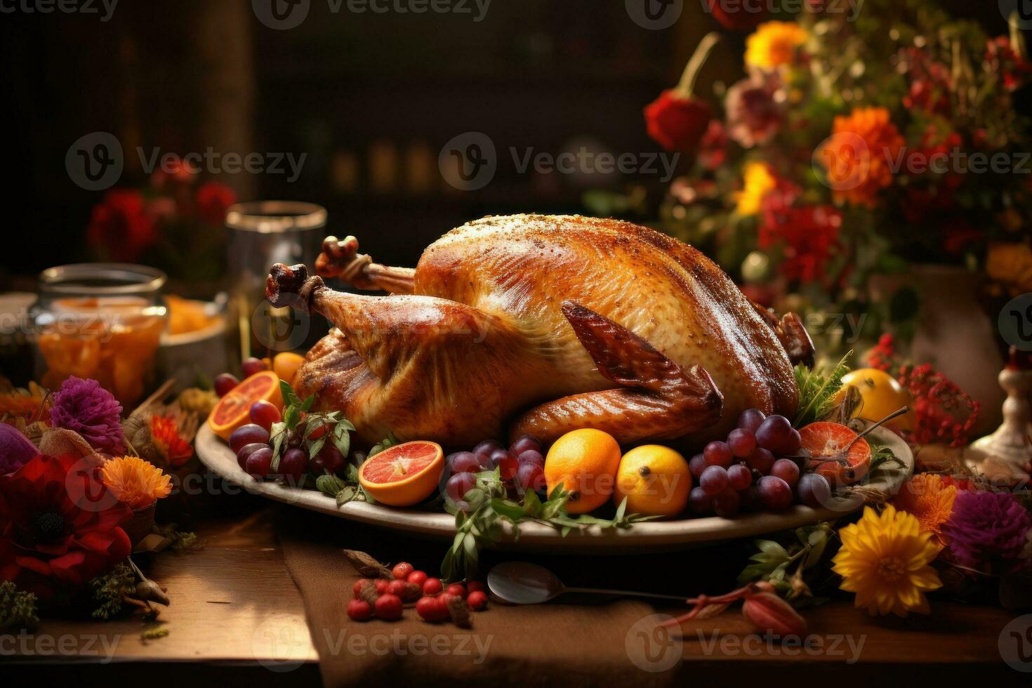 Hyper Realistic super detailed macro shot, delicious Turkey on a table, nicely decorated, in a garden, Thanksgiving, minimalist photo