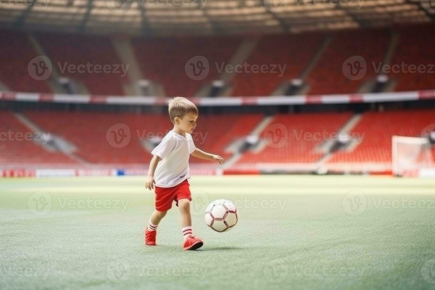 Dribbling small boy plays football in stadium. Generative AI photo