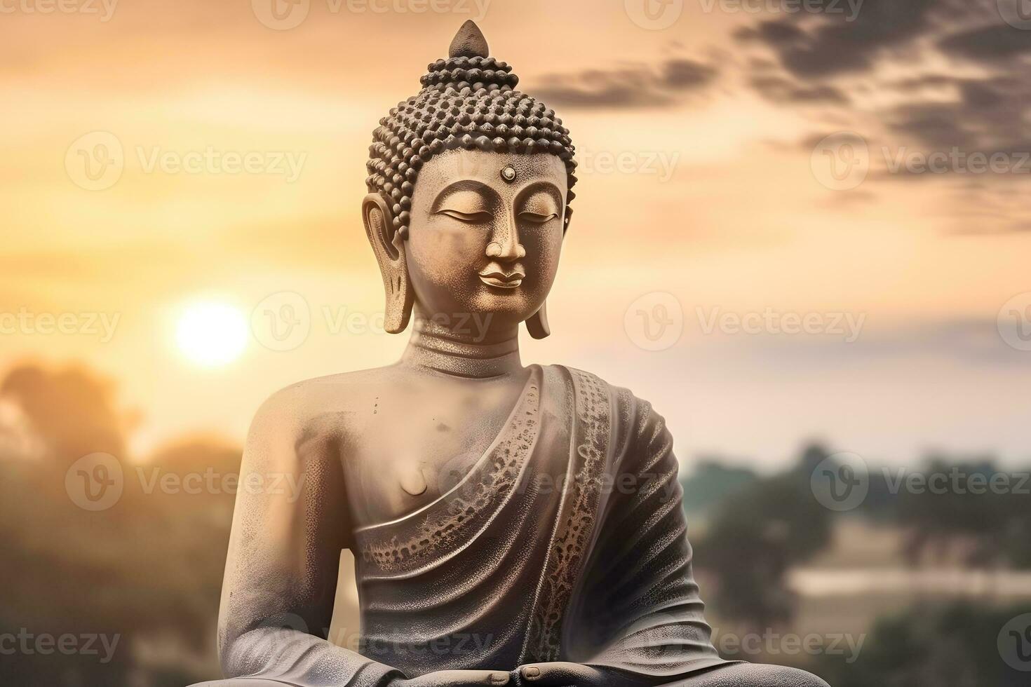 Buddha statue close-up in beautiful light. Close up of a Buddha figurine. Neural network AI generated photo