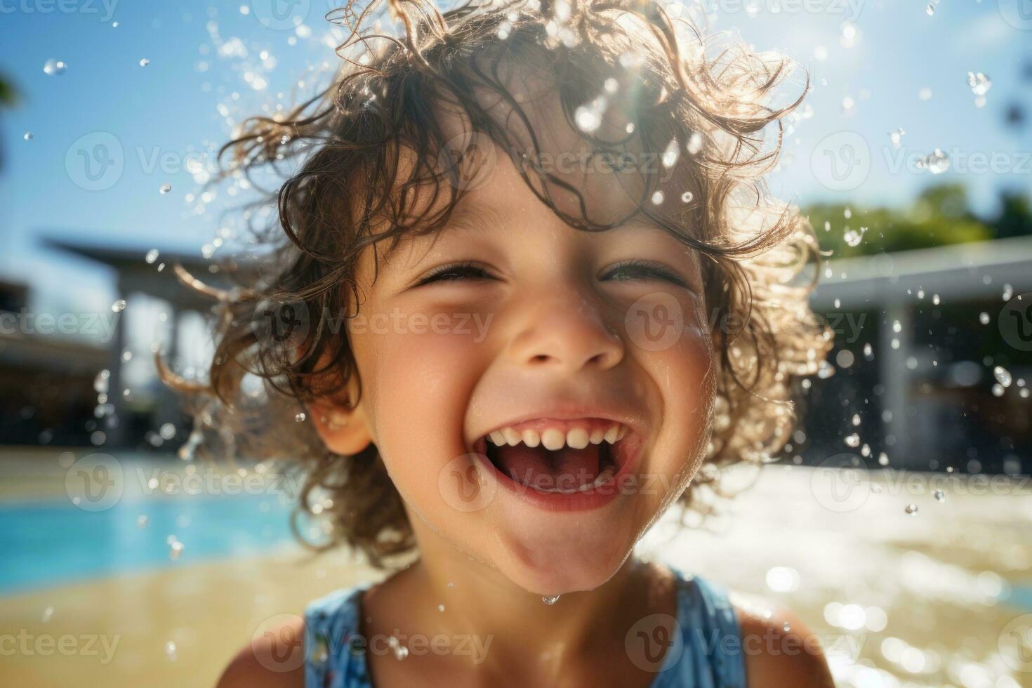 Portraits face kid enjoy water park, water splash. Generative AI photo