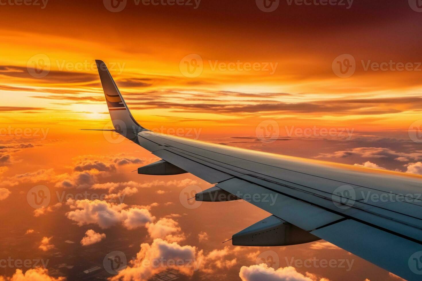 Sunset view from airplane window. Generative AI photo