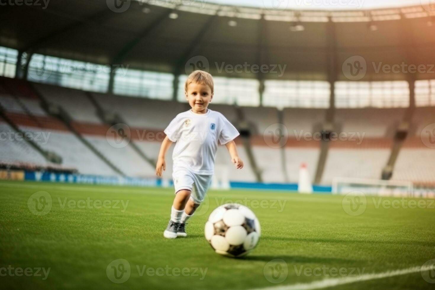 Dribbling small boy plays football in stadium. Generative AI photo