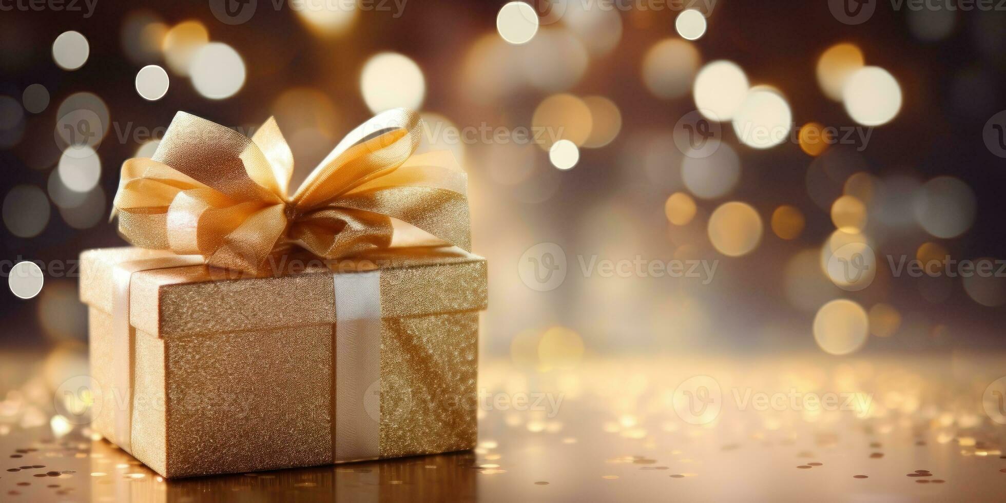 AI Generated Christmas gift box in a shiny package with a bow on a bokeh background. Generative AI photo