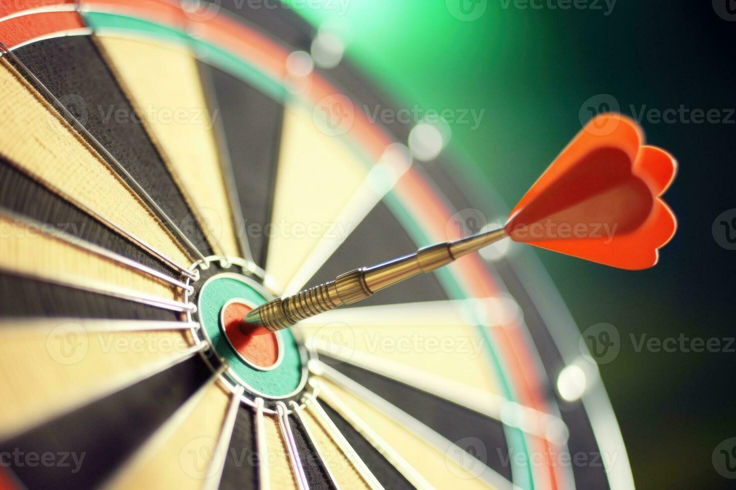 Dart in the bull's eye close up, success striking target aim goal achievement concept. Generative AI photo