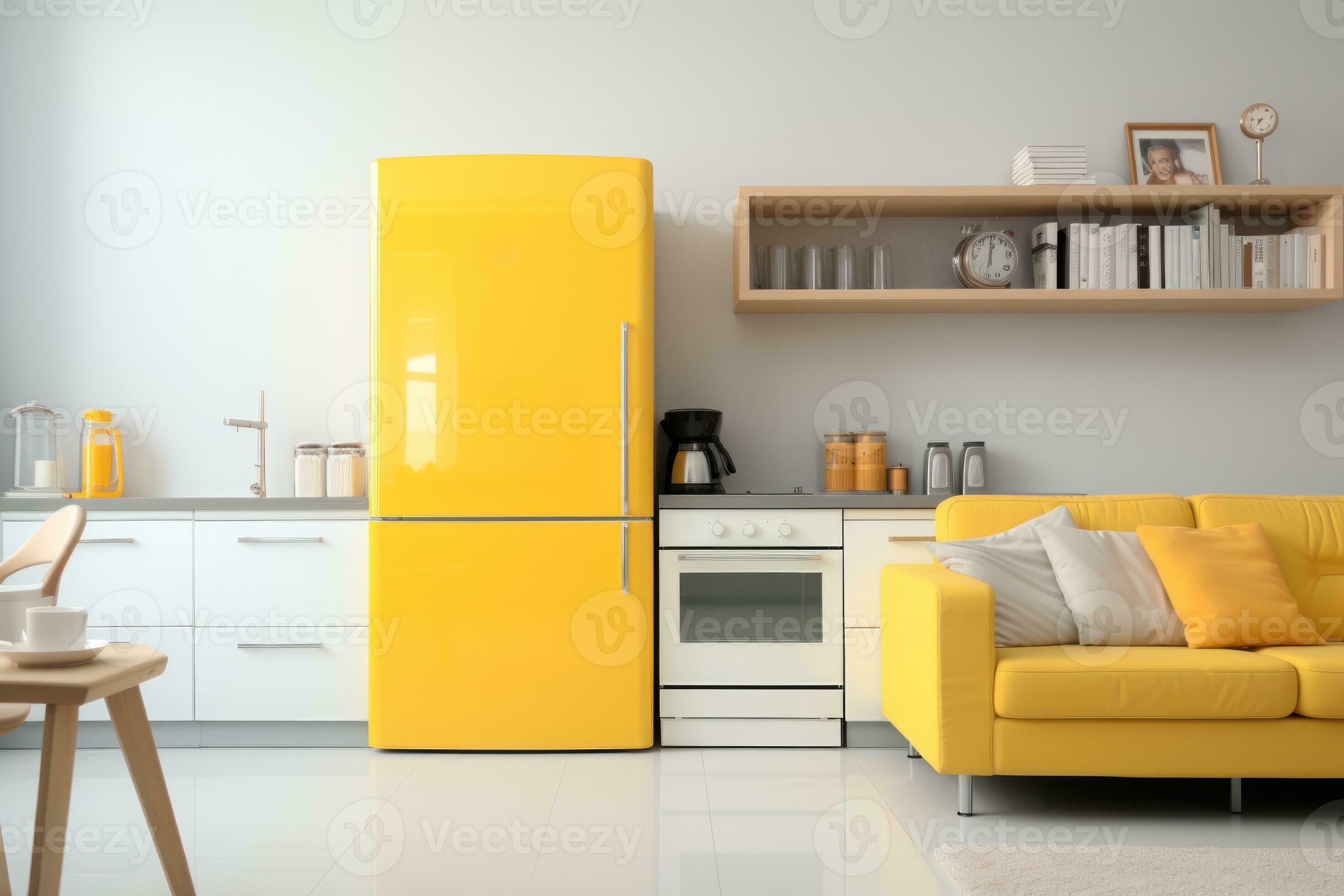 Interior of kitchen with yellow fridge, counters, sofa and shelving