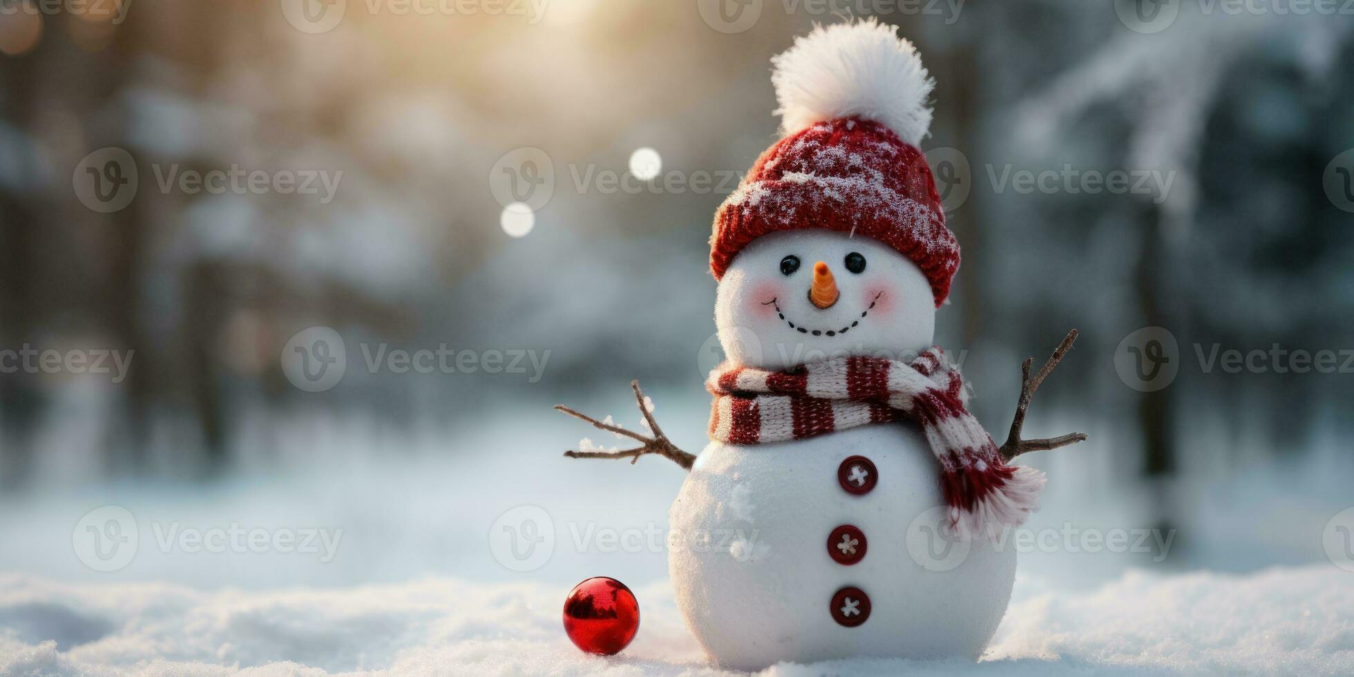 monigote de nieve con un Papa Noel sombrero, cerrar arriba, vacío espacio. generativo ai foto