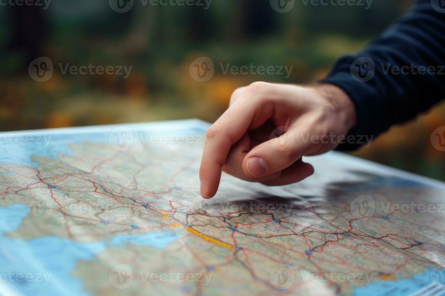 Close up hand is pointing direction to a map on a piece of paper. Generative AI photo