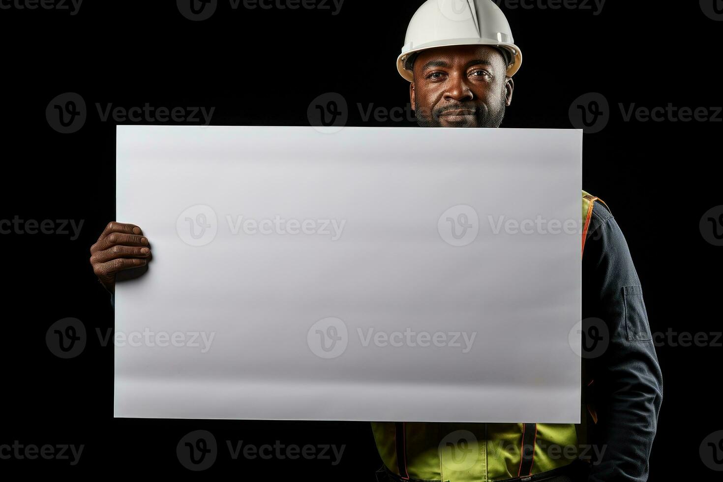 Construction worker holding a separate blank white panel isolated on black background. Generative AI photo