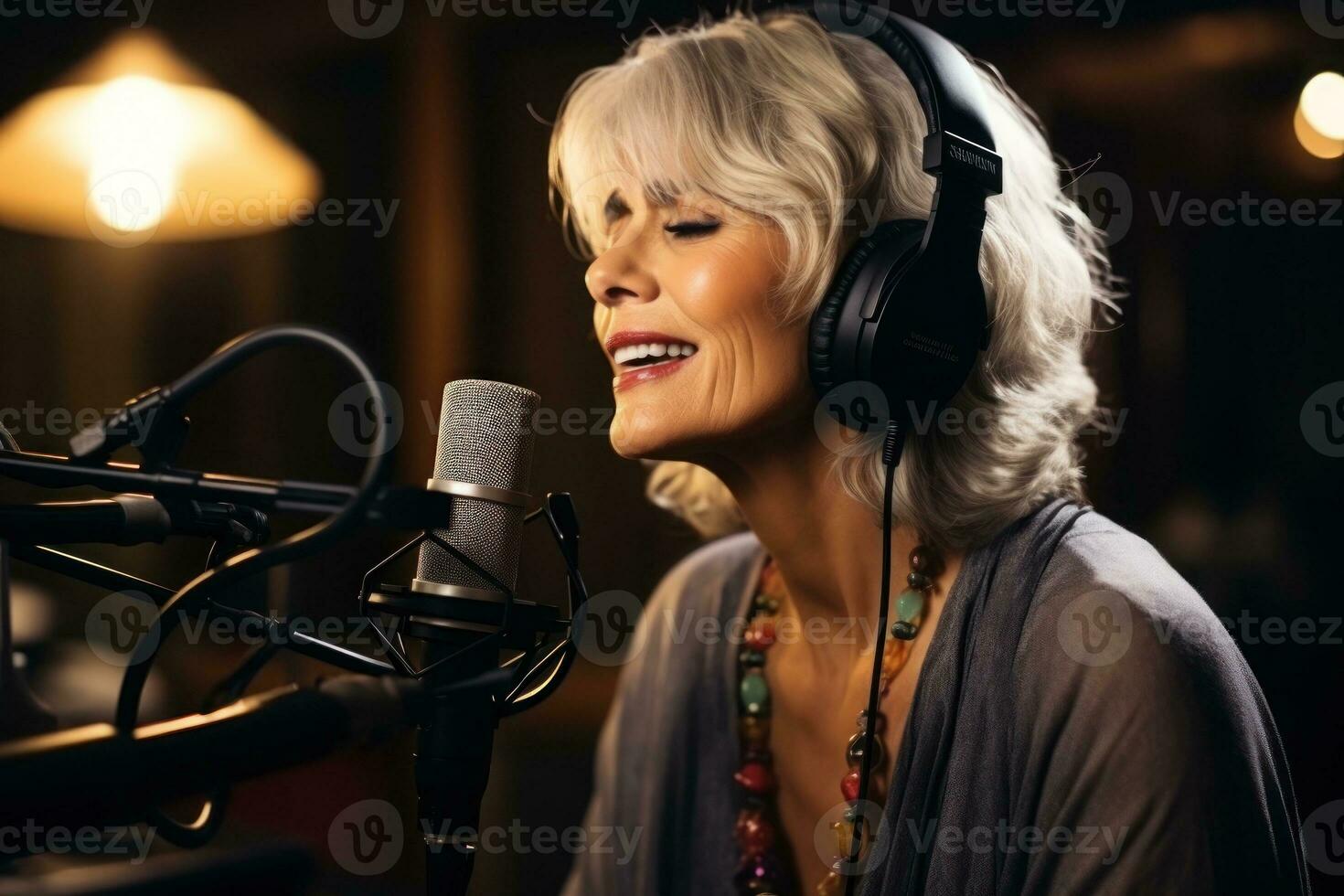Beautiful woman recording a song in record studio, singing, expressing her talent as a singer with headphones on. Generative AI photo