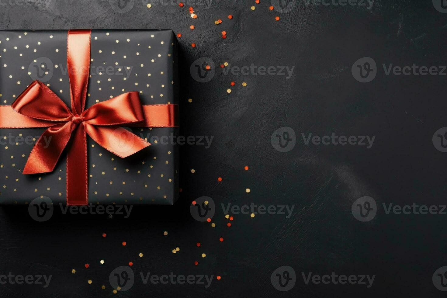 Black Friday Gift wrapped in black paper with red bow on dark background. Generative AI photo
