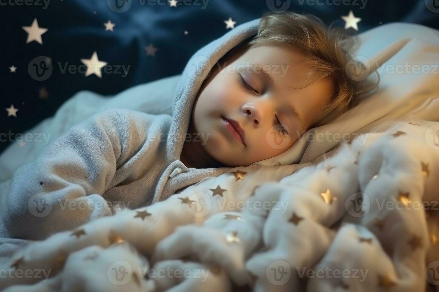 A small child is sleeping in soft clouds, surrounded by space, starry sky and peace. Generative AI photo